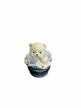 Limoges France Hand Painted First Tooth Teddy Bear Porcelain Trinket Box Blue
